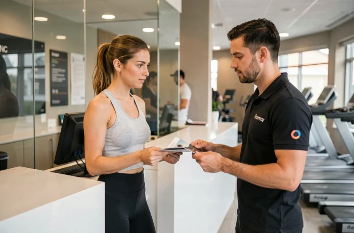 Femme en tenue de sport recevant un brochure d'essai à la réception d'une salle de sport moderne