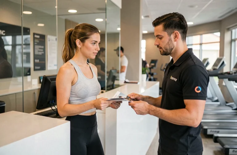 Femme en tenue de sport recevant un brochure d'essai à la réception d'une salle de sport moderne