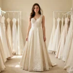 Femme essayant une robe de mariée en dentelle ivoire dans une boutique de mariage élégante