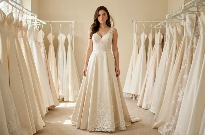 Femme essayant une robe de mariée en dentelle ivoire dans une boutique de mariage élégante