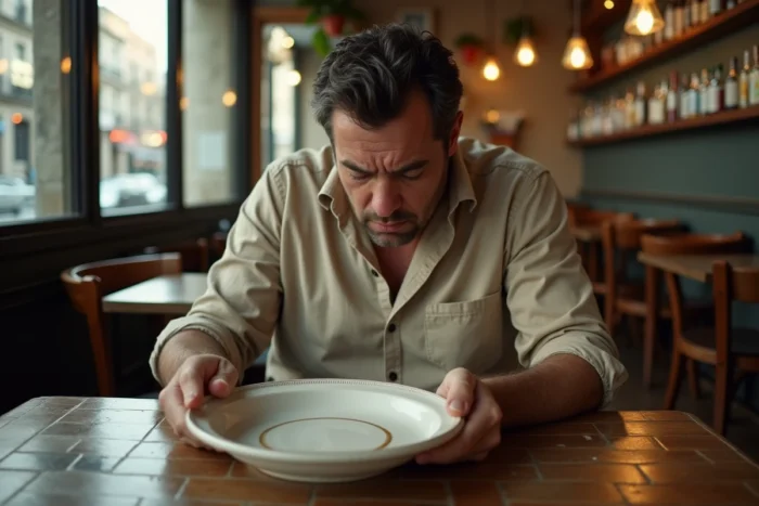 Homme épuisé devant une assiette vide dans un bistrot parisien, illustrant l'expression avoir l'estomac dans les talons