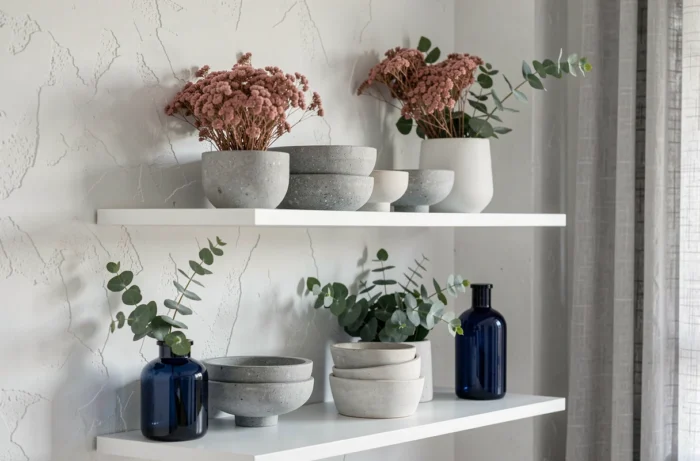 Étagère blanche avec décorations en gris, rose poudré, bleu marine et végétaux pour une association de couleurs élégante
