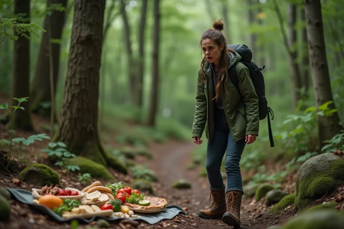 Jeune femme en forêt regardant un pique-nique avec une expression féroce de faim, illustrant avoir une faim de loup