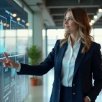 Femme d'affaires devant un tableau de bord numérique interactif dans un bureau moderne, illustrant la croissance digitale d'une entreprise