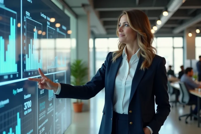 Femme d'affaires devant un tableau de bord numérique interactif dans un bureau moderne, illustrant la croissance digitale d'une entreprise