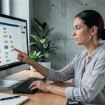 Femme analysant une page sitemap sur un écran d'ordinateur dans un bureau moderne