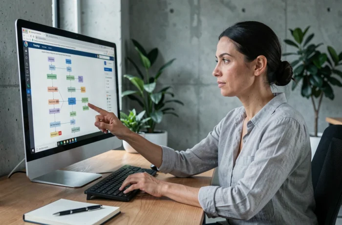 Femme analysant une page sitemap sur un écran d'ordinateur dans un bureau moderne