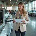 Femme examinant une voiture compacte dans un showroom automobile pour trouver le véhicule adapté à ses besoins