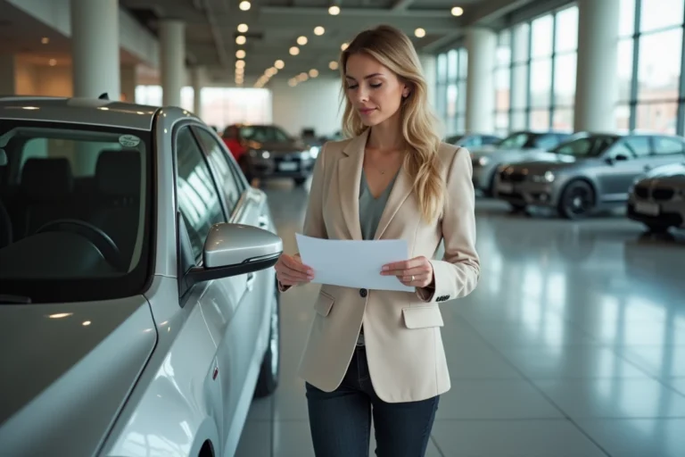 Femme examinant une voiture compacte dans un showroom automobile pour trouver le véhicule adapté à ses besoins