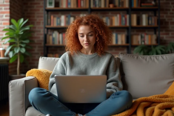 Femme naviguant en toute confidentialité sur internet depuis son salon avec un ordinateur portable