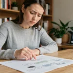 Femme consultant un plan de site imprimé à son bureau pour améliorer sa navigation web