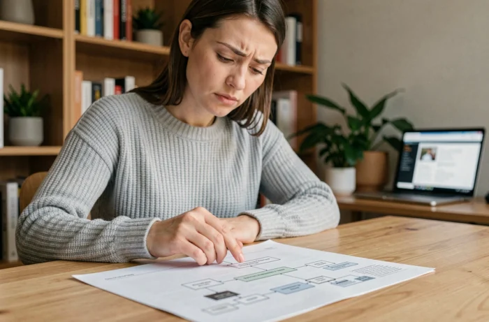 Femme consultant un plan de site imprimé à son bureau pour améliorer sa navigation web