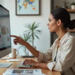 Femme consultant un sitemap immobilier sur un ordinateur de bureau pour rechercher des biens en ligne