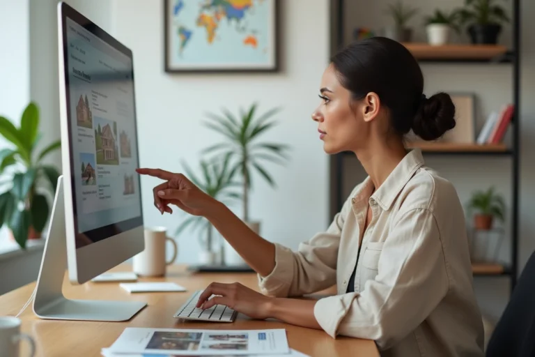 Femme consultant un sitemap immobilier sur un ordinateur de bureau pour rechercher des biens en ligne