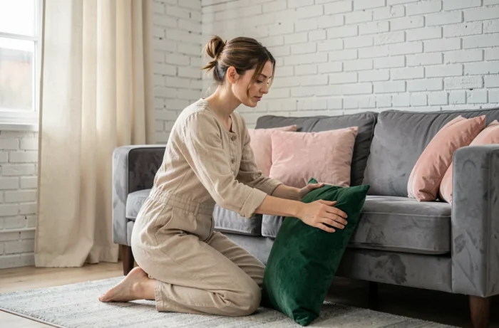 Femme décorant un salon blanc et gris avec des coussins vert émeraude et rose poudré pour harmoniser les couleurs d'intérieur