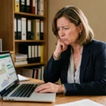 Femme consultant une estimation immobilière en ligne avec une expression dubitative devant son ordinateur portable
