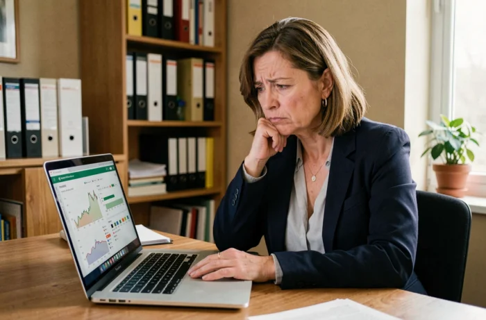 Femme consultant une estimation immobilière en ligne avec une expression dubitative devant son ordinateur portable