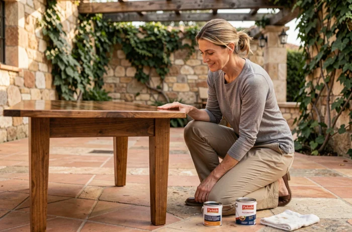Femme inspectant le résultat d'une lasure polyuréthane Parkside sur une table en bois de terrasse