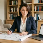 Femme investisseuse immobilière analysant des plans et documents de propriété dans un bureau moderne