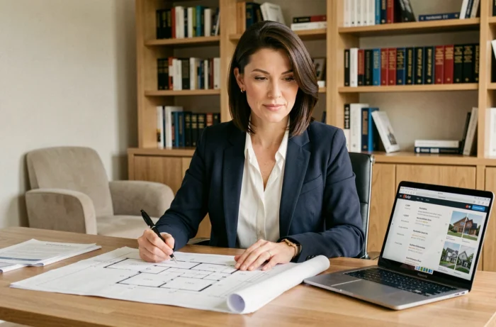 Femme investisseuse immobilière analysant des plans et documents de propriété dans un bureau moderne