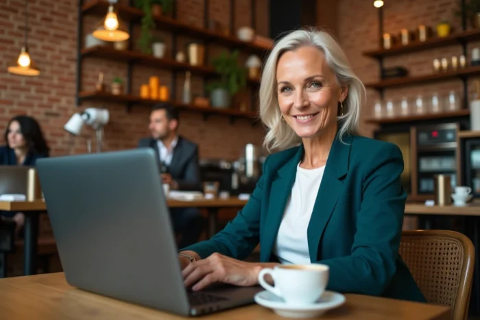 Femme en blazer optimisant ses paramètres Kordoz sur un ordinateur portable dans un café urbain