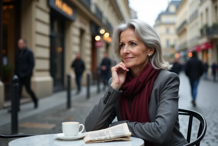 Femme mature et pensive attablée dans une rue pavée européenne, illustrant la curiosité et la discrétion sur l'âge