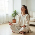 Femme en tenue ample pratiquant la méditation dans un salon minimaliste pour trouver la sérénité