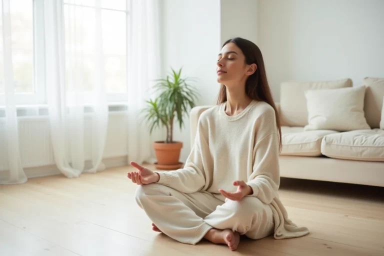 Femme en tenue ample pratiquant la méditation dans un salon minimaliste pour trouver la sérénité