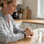 Femme consultant ses données de santé sur une montre connectée à la maison, tendances santé au quotidien