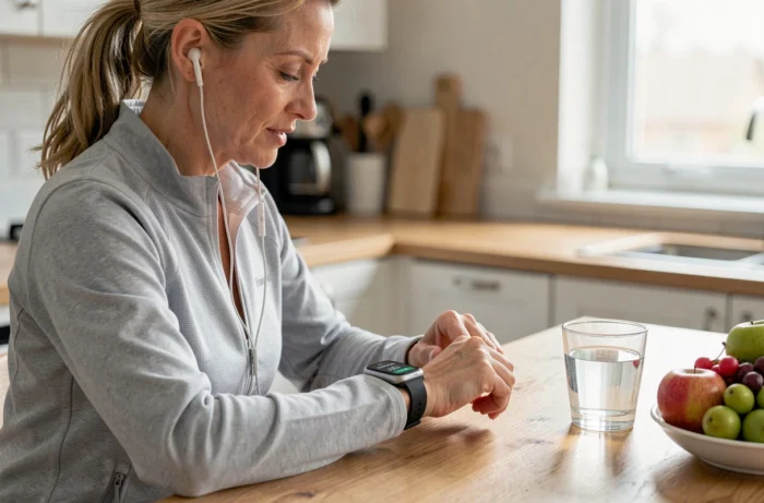 Femme consultant ses données de santé sur une montre connectée à la maison, tendances santé au quotidien