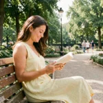 Femme lisant un livre au soleil dans un parc bruxellois entouré de verdure et de fleurs