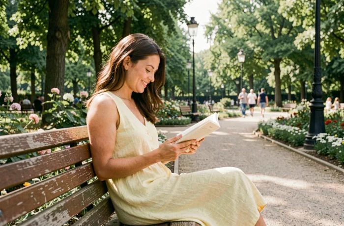 Femme lisant un livre au soleil dans un parc bruxellois entouré de verdure et de fleurs