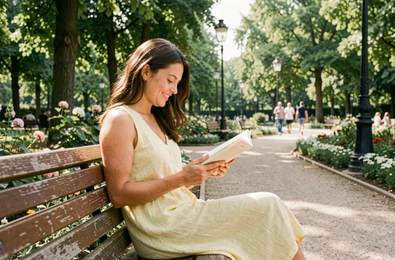 Femme lisant un livre au soleil dans un parc bruxellois entouré de verdure et de fleurs