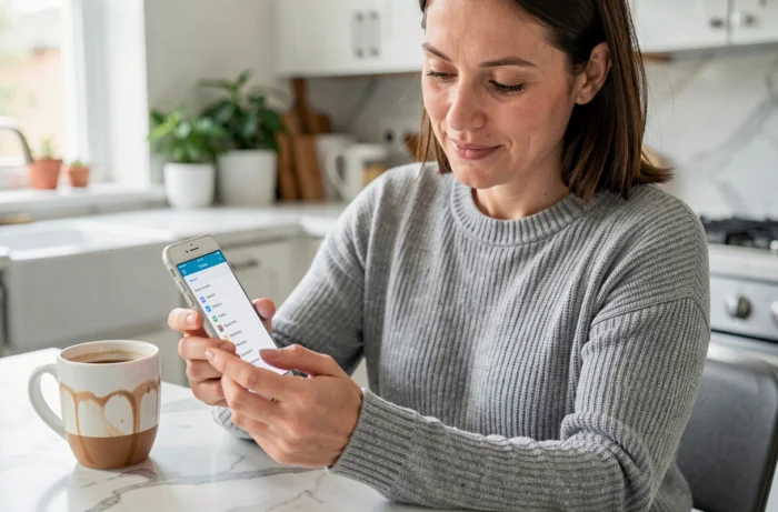 Femme consultant le plan du site Maman Anonyme sur son smartphone dans la cuisine