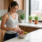 Femme préparant un bol de smoothie healthy dans une cuisine moderne pour un mode de vie sain au quotidien