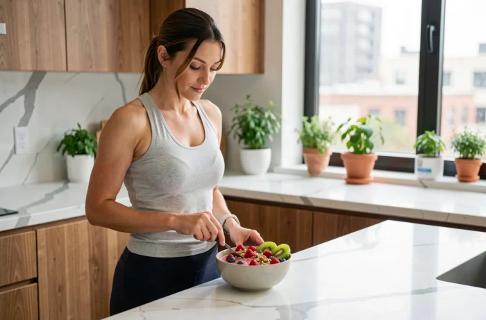 Femme préparant un bol de smoothie healthy dans une cuisine moderne pour un mode de vie sain au quotidien