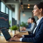 Femme professionnelle analysant des tableaux de bord web et des métriques digitales sur deux écrans dans un bureau moderne