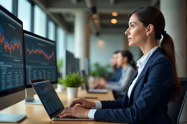 Femme professionnelle analysant des tableaux de bord web et des métriques digitales sur deux écrans dans un bureau moderne