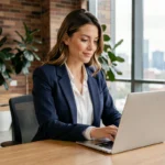 Femme professionnelle consultant son profil de carrière sur un ordinateur portable dans un bureau moderne