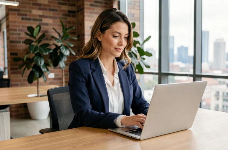 Femme professionnelle consultant son profil de carrière sur un ordinateur portable dans un bureau moderne