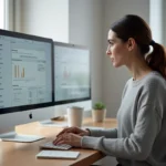 Femme concentrée configurant les réglages de productivité Kordoz sur un bureau moderne avec double écran