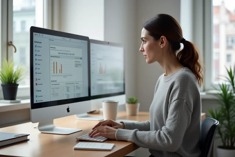 Femme concentrée configurant les réglages de productivité Kordoz sur un bureau moderne avec double écran