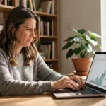 Femme consultant un tableau de bord financier sur ordinateur portable pour évaluer des revenus complémentaires en 2026