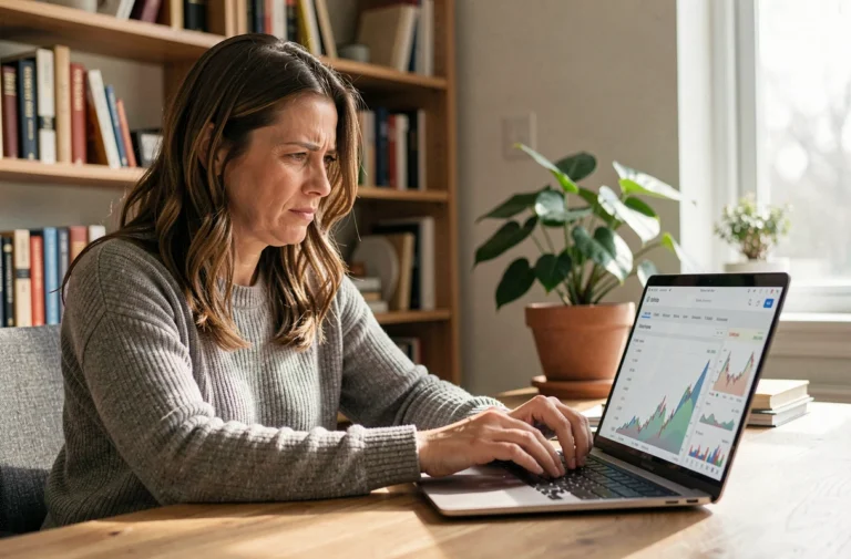 Femme consultant un tableau de bord financier sur ordinateur portable pour évaluer des revenus complémentaires en 2026
