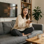 Femme enthousiaste regardant une série sur une grande télévision dans un salon moderne et cosy