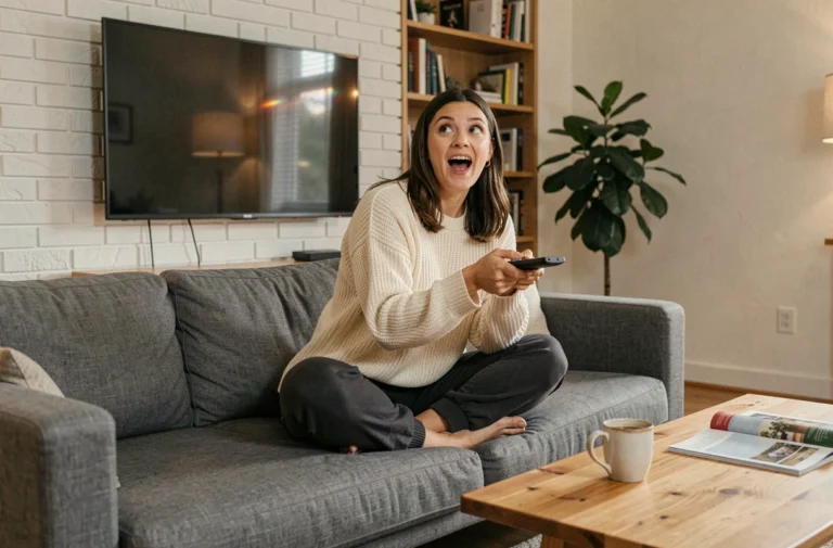 Femme enthousiaste regardant une série sur une grande télévision dans un salon moderne et cosy