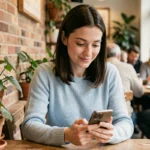 Femme utilisant une application de rencontre sur son smartphone dans un café, illustrant comment discuter gratuitement sur Meetic