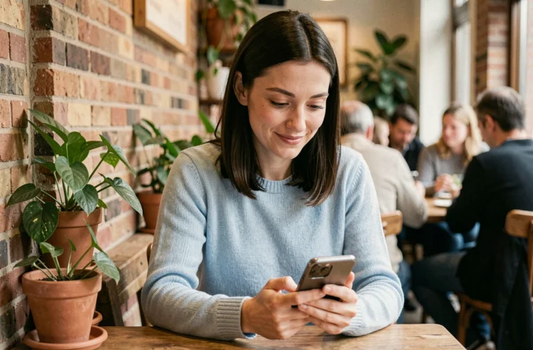 Femme utilisant une application de rencontre sur son smartphone dans un café, illustrant comment discuter gratuitement sur Meetic