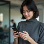 Femme professionnelle explorant un smartphone pliable dans un espace de travail technologique moderne