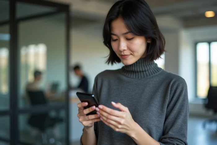 Femme professionnelle explorant un smartphone pliable dans un espace de travail technologique moderne